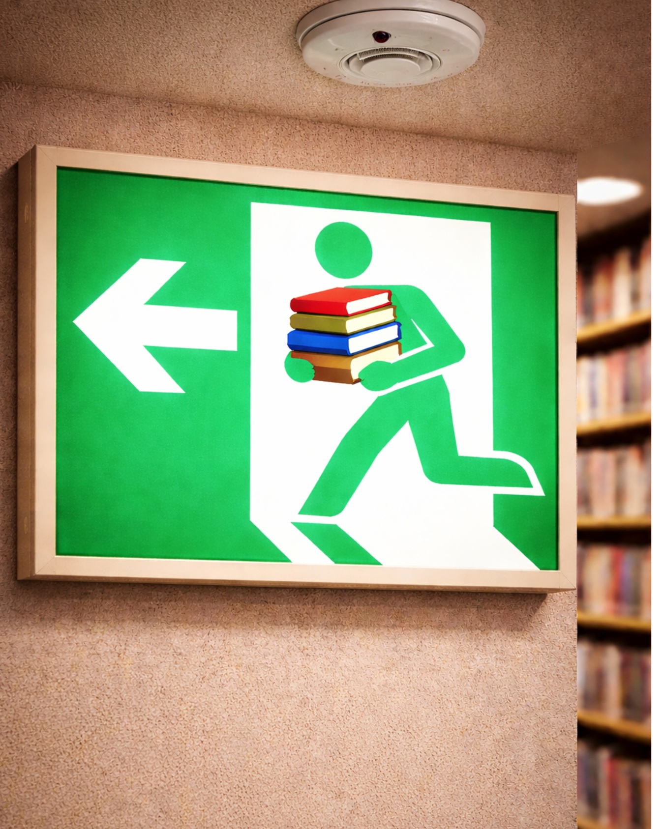 Das Notausgang-Schild in einer Bibliothek. Das grüne Männchen flieht mit einem Bücherstapel. KI-generiert.